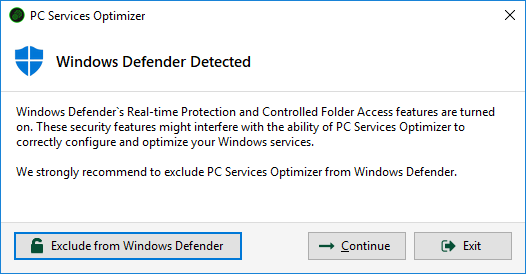 PC Services Optimizer - Windows Defender Detection