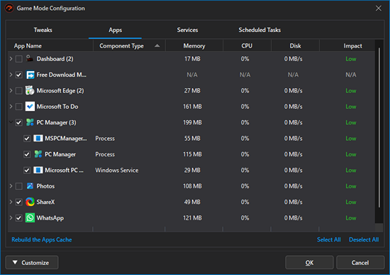 PC Game Booster makes it very easy to detect and suspend processes, Windows services, and scheduled tasks of system and third-party apps to help improve performance and reduce overhead.