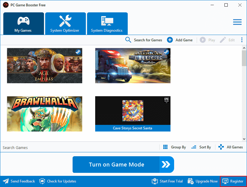 PC Game Booster (formerly Game Fire) main window