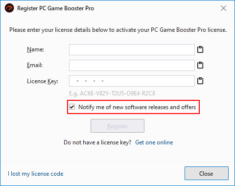 PC Game Booster (formerly Game Fire) license registration dialog