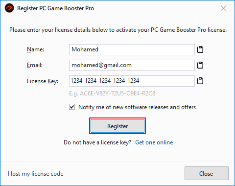 PC Game Booster (formerly Game Fire) license registration dialog