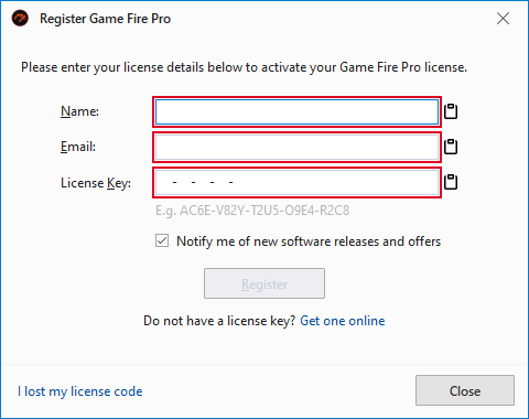 Game Fire license registration dialog