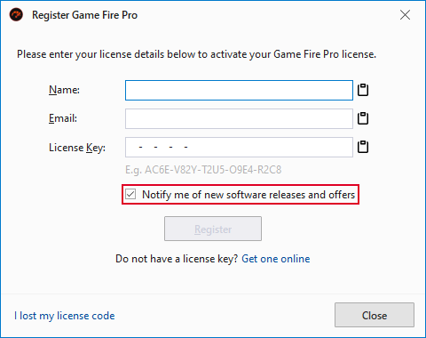 Game Fire license registration dialog