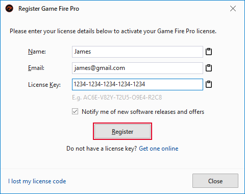 Game Fire license registration dialog