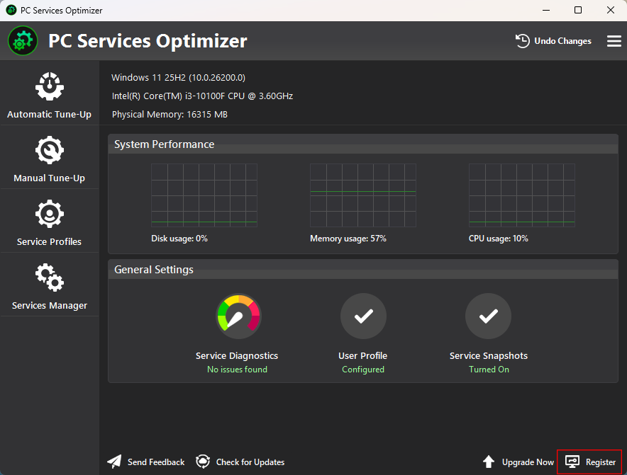 PC Services Optimizer main window