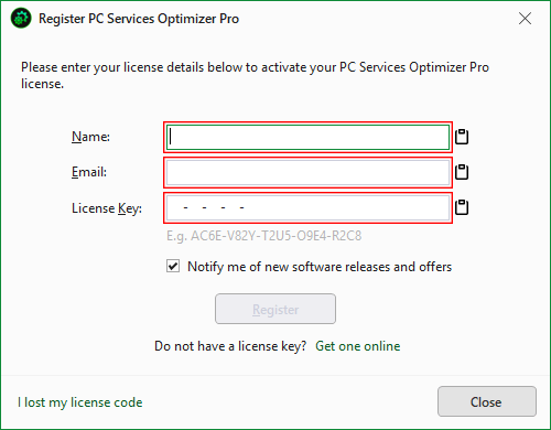PC Services Optimizer license registration dialog