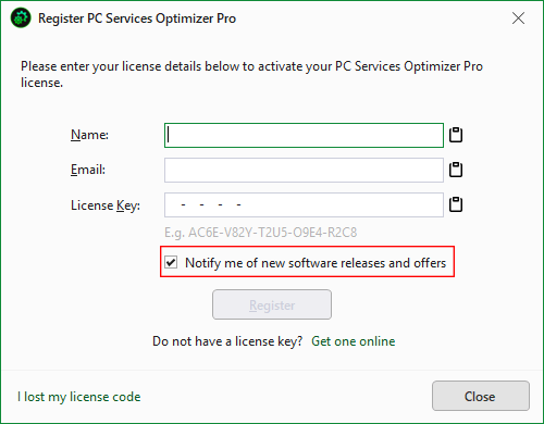 PC Services Optimizer license registration dialog