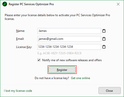 PC Services Optimizer license registration dialog