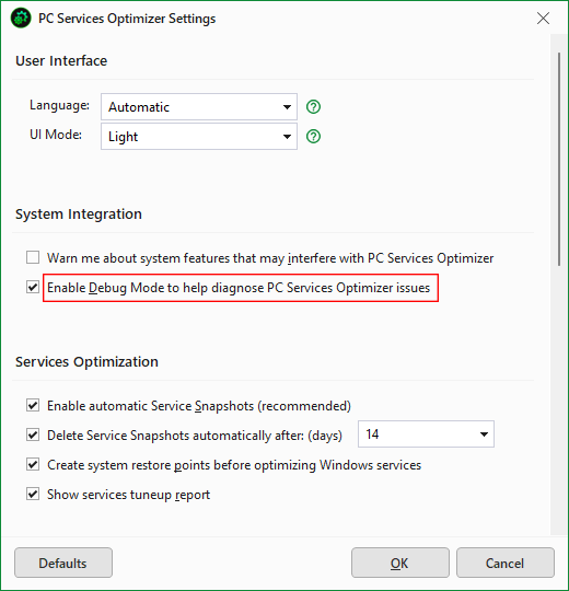 PC Services Optimizer Settings