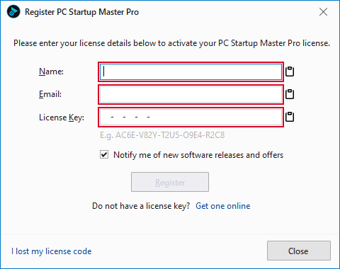PC Startup Master license registration dialog