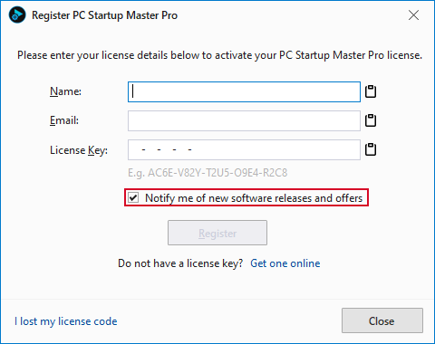 PC Startup Master license registration dialog