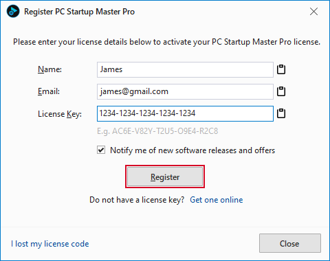 PC Startup Master license registration dialog