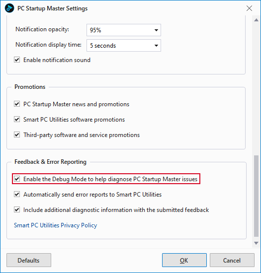 PC Startup Master Settings