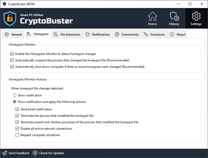 CryptoBuster Honeypots Settings