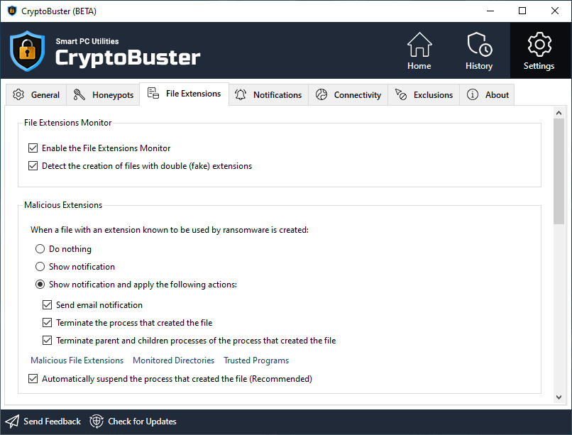 CryptoBuster File Extensions Settings