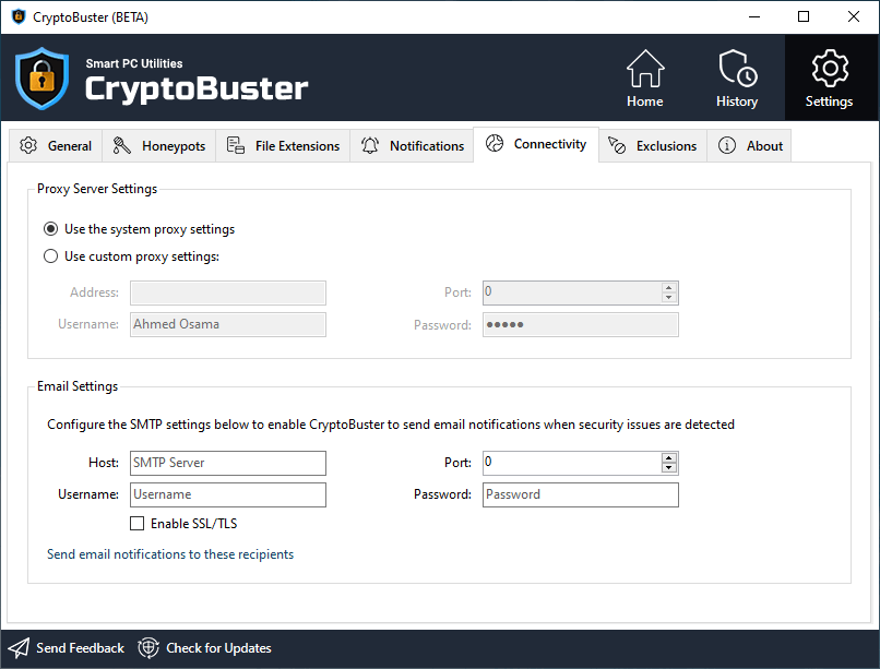 CryptoBuster Connectivity Settings