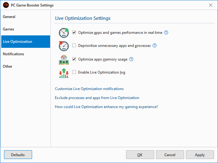 PC Game Booster - Live Optimization Settings