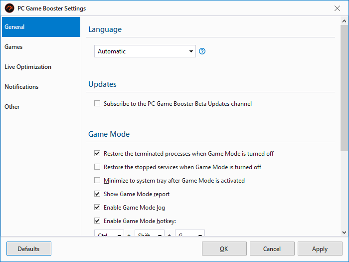 PC Game Booster Settings - General