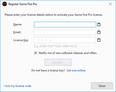 Game Fire - Register license
