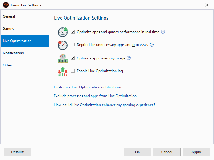 Game Fire - Live Optimization Settings