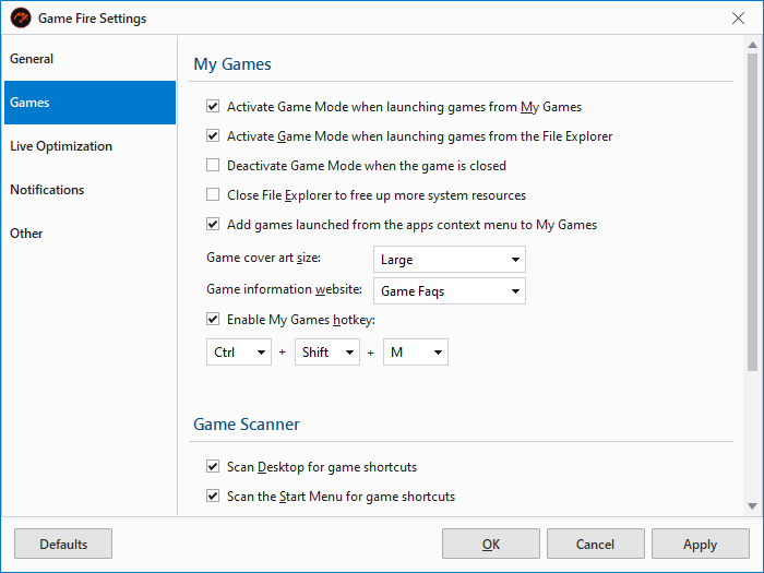 My Games Settings - Game Fire