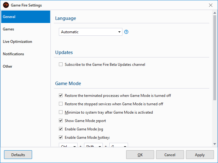 Game Fire Settings - General