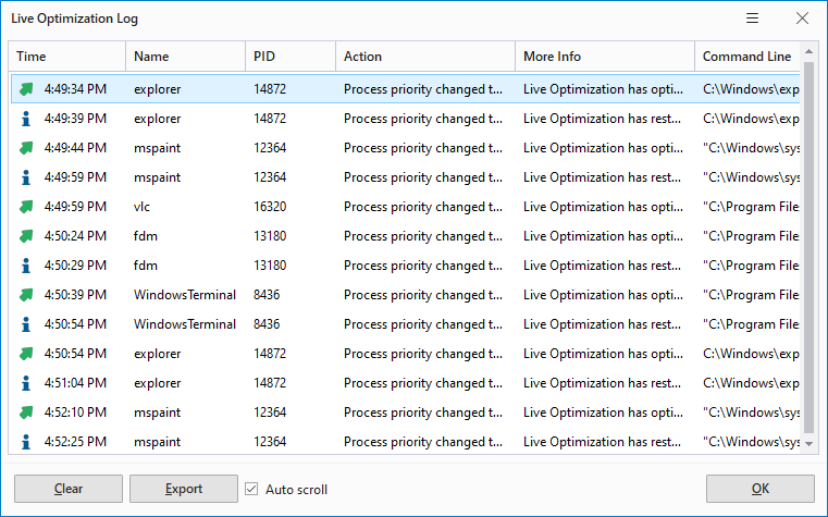 Game Fire - Live Optimization log