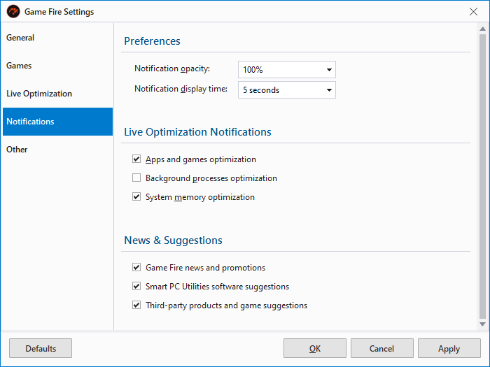 Game Fire Settings - Notifications